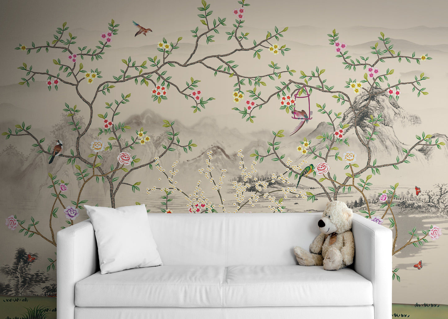 Chinoiserie wallpaper mural, Peel and stick botanical wallpaper, Self adhesive birds wallpaper, Extra large nature wall mural
