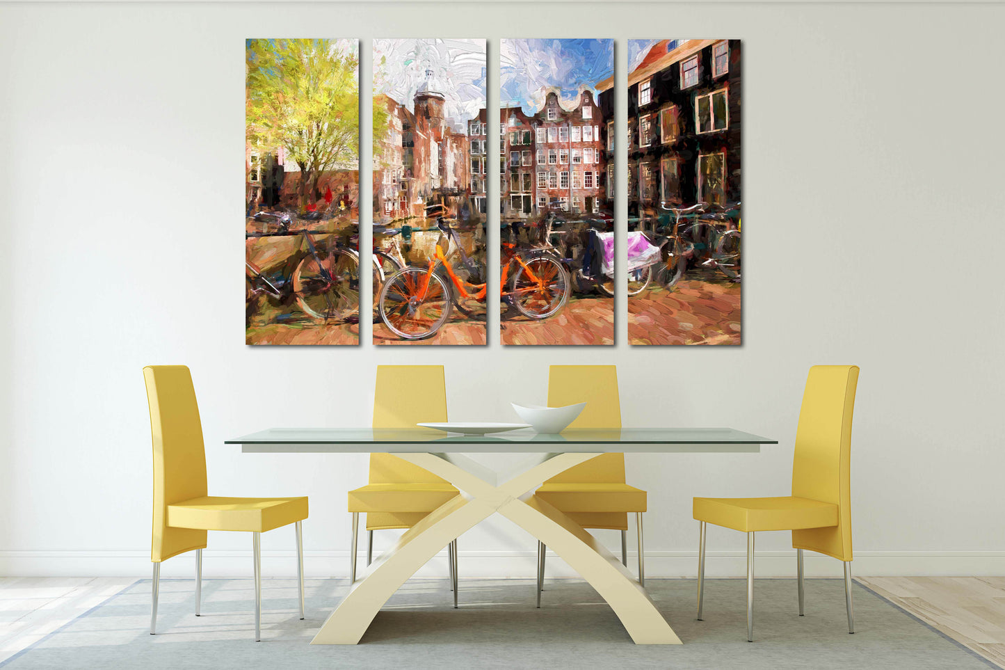 Vintage wall art paintings on canvas, home decor, city multi panel wall art, canvas print, trendy wall art, city street art bicycle wall art