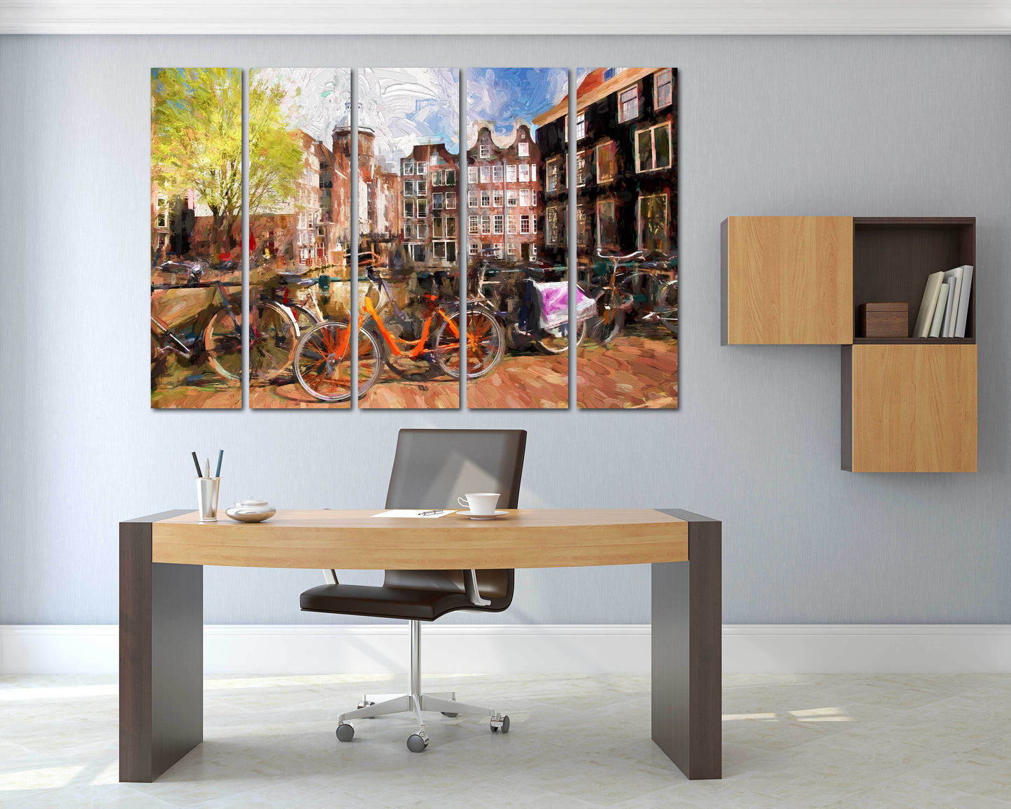 Vintage wall art paintings on canvas, home decor, city multi panel wall art, canvas print, trendy wall art, city street art bicycle wall art