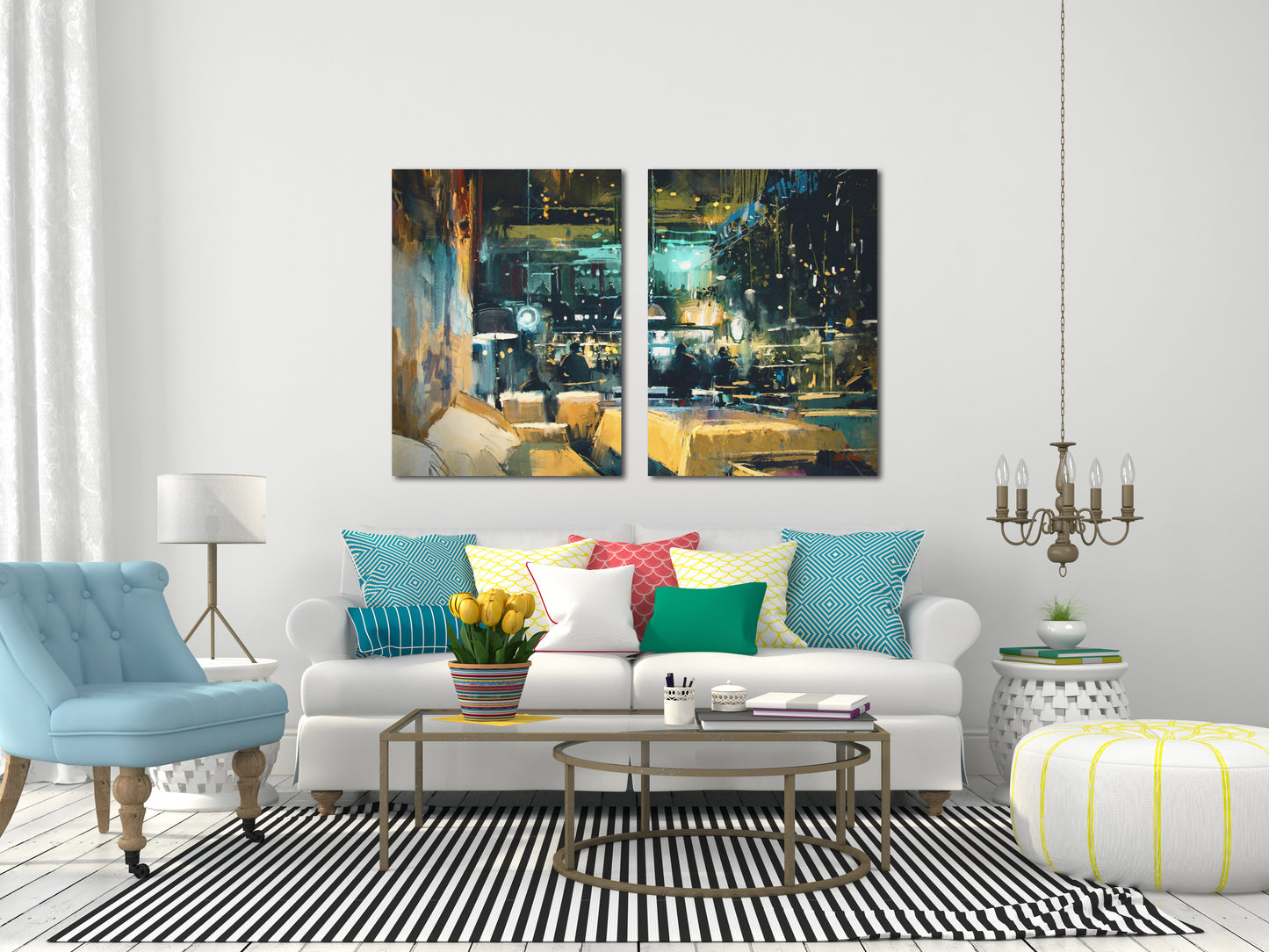 Modern wall art paintings on canvas, Abstract painting,home wall decor, abstract print, Colorful interior of bar and restaurant at night
