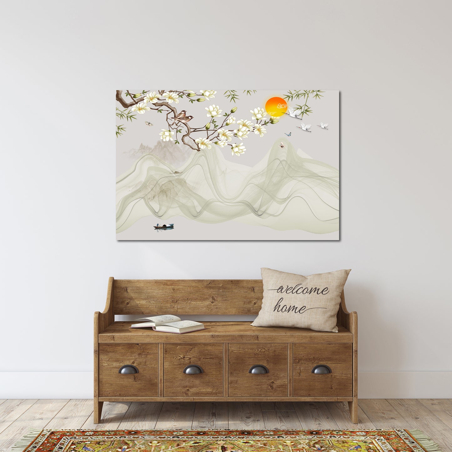Sakura wall art deco, flower wall art, japanese wall art, asian wall art, extra large wall art, floral canvas painting, calm horizontal art