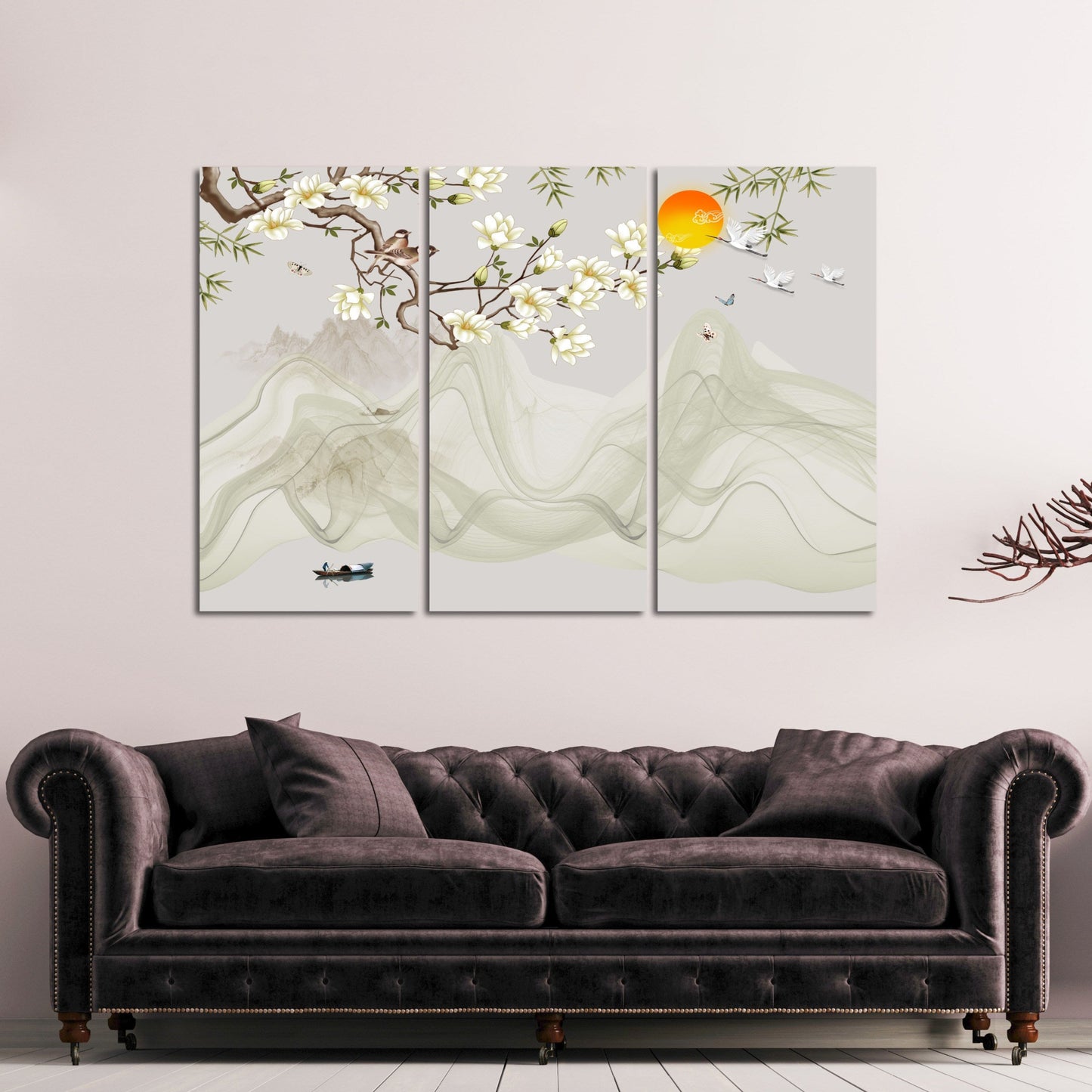 Sakura wall art deco, flower wall art, japanese wall art, asian wall art, extra large wall art, floral canvas painting, calm horizontal art