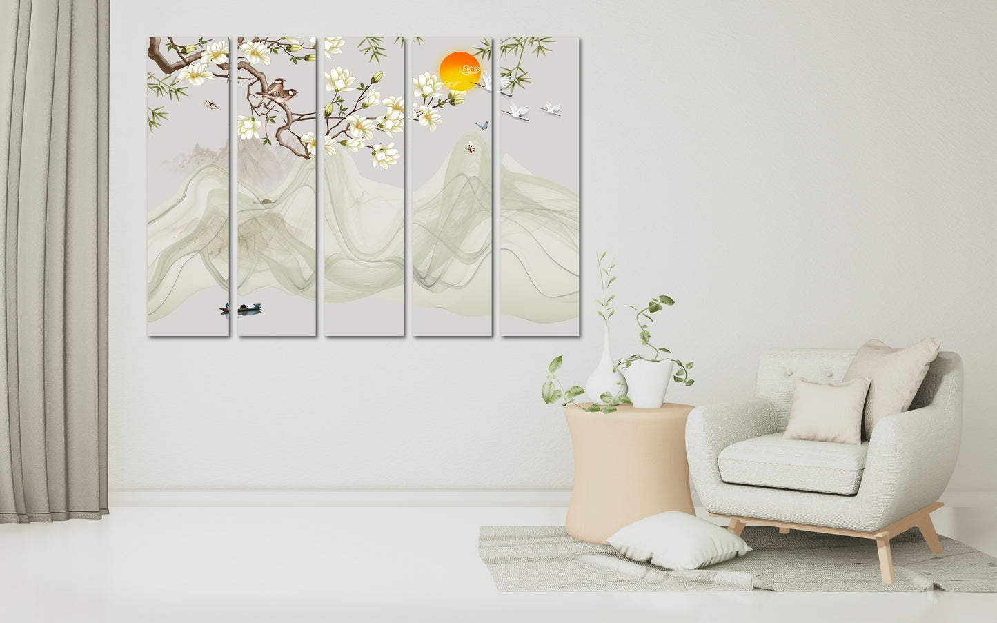 Sakura wall art deco, flower wall art, japanese wall art, asian wall art, extra large wall art, floral canvas painting, calm horizontal art
