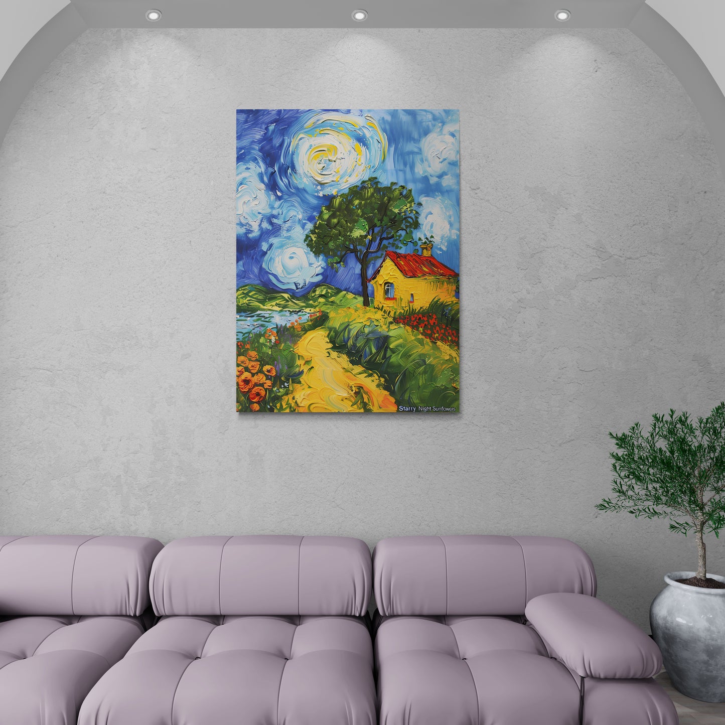 Sternennacht Sonnenblumen Wandkunst, farbenfroher Kunstdruck, gerahmter Leinwanddruck mit Aquarelleffekt, vertikales Bauernhaus-Kunstwerk, moderne Schlafzimmer-Wandkunst