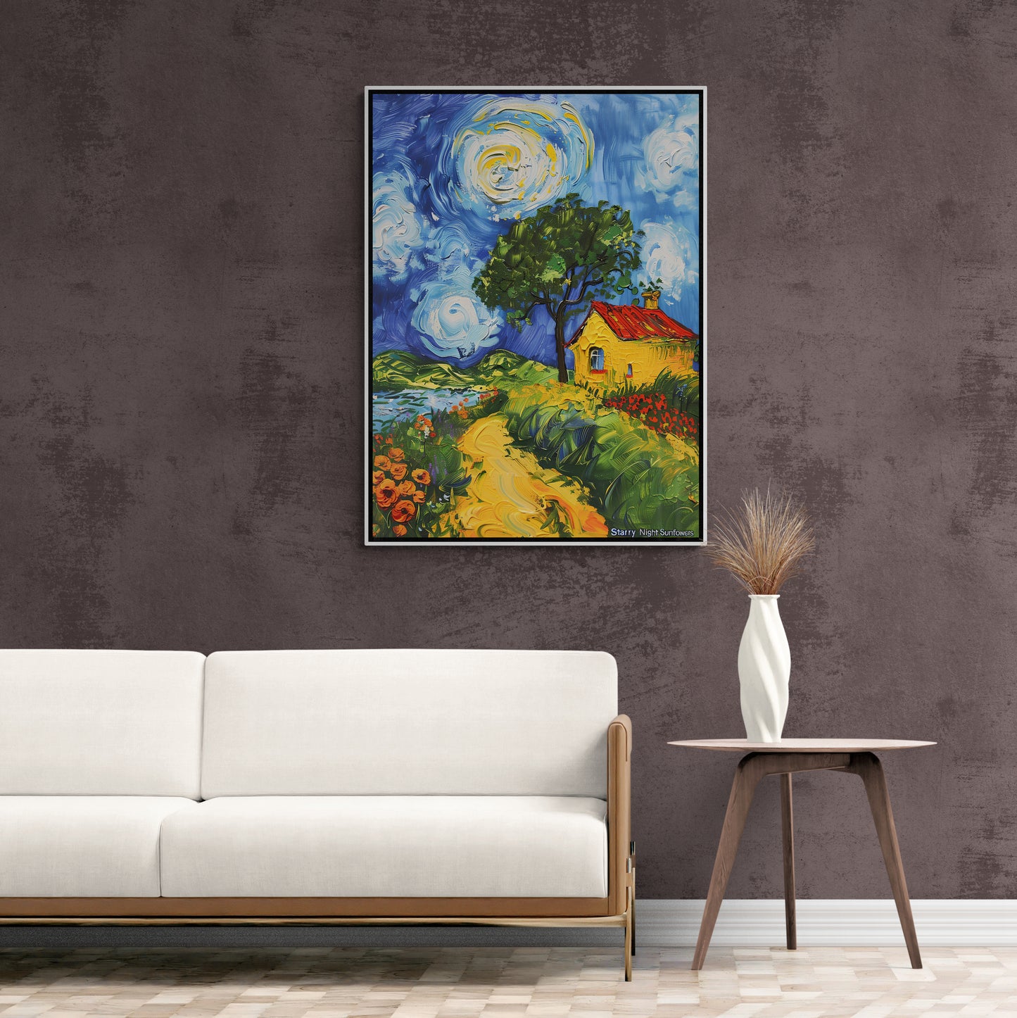 Sternennacht Sonnenblumen Wandkunst, farbenfroher Kunstdruck, gerahmter Leinwanddruck mit Aquarelleffekt, vertikales Bauernhaus-Kunstwerk, moderne Schlafzimmer-Wandkunst