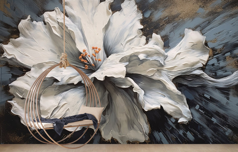 Extra große Blumentapete, weißes Blumenwandbild zum Abziehen und Aufkleben, abnehmbare botanische Tapete, selbstklebendes Blumenwandbild mit 3D-Effekt