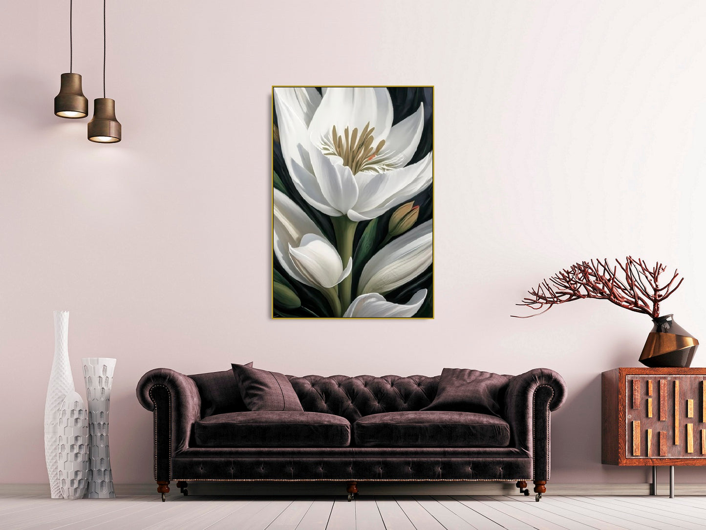 Großes Blumen-Wandbild, druckbares Leinwandbild mit schwebendem Rahmen und weißen Blumen, botanische Wanddekoration zum Aufhängen, grün-weißes Blumen-Wandbild fürs Zimmer (Kopie)
