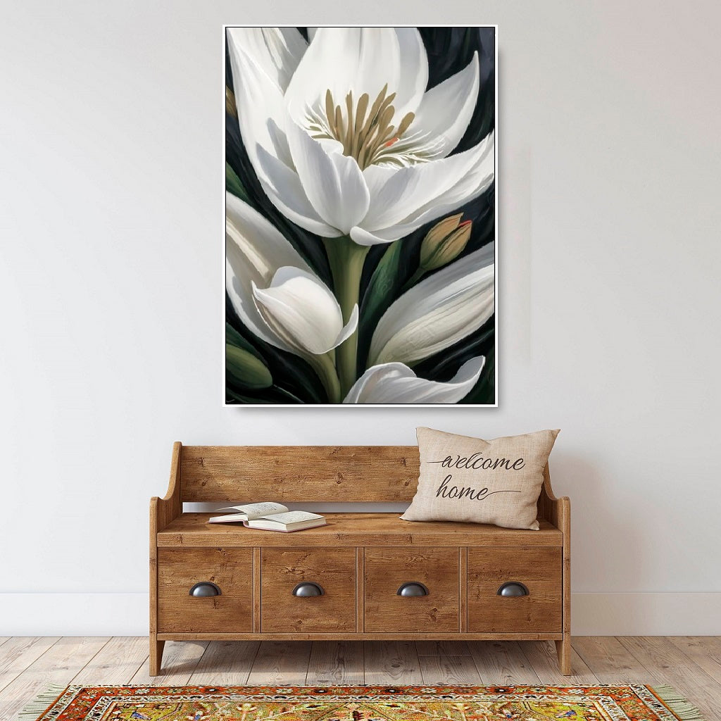 Großes Blumen-Wandbild, druckbares Leinwandbild mit schwebendem Rahmen und weißen Blumen, botanische Wanddekoration zum Aufhängen, grün-weißes Blumen-Wandbild fürs Zimmer (Kopie)