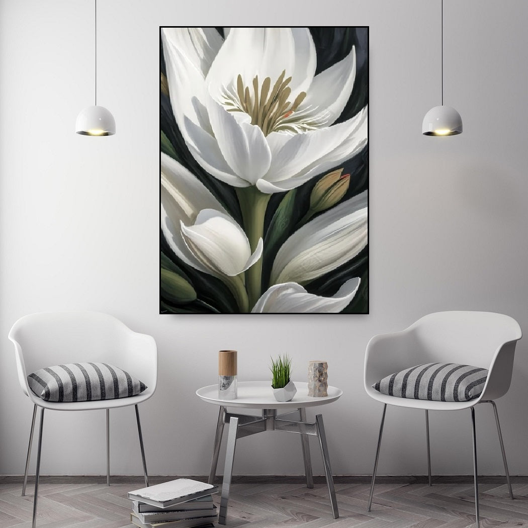 Großes Blumen-Wandbild, druckbares Leinwandbild mit schwebendem Rahmen und weißen Blumen, botanische Wanddekoration zum Aufhängen, grün-weißes Blumen-Wandbild fürs Zimmer (Kopie)