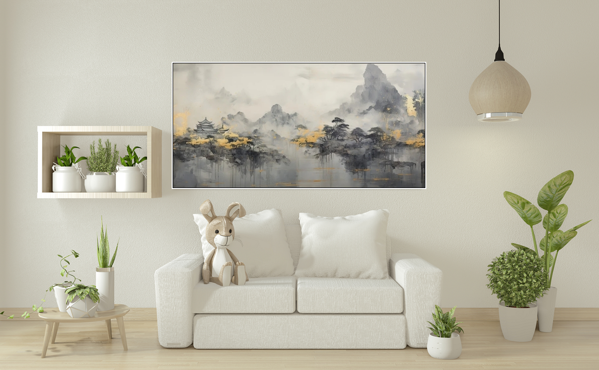 Rauchige Berge Wandkunst, schwebendes Landschaftsbild, nebliger Baum Leinwanddruck, japanische Wandkunst zum Aufhängen, großes graues Kunstwerk