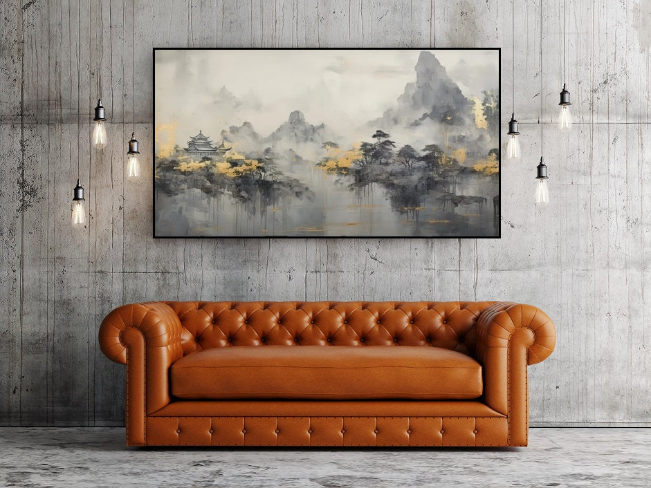 Rauchige Berge Wandkunst, schwebendes Landschaftsbild, nebliger Baum Leinwanddruck, japanische Wandkunst zum Aufhängen, großes graues Kunstwerk