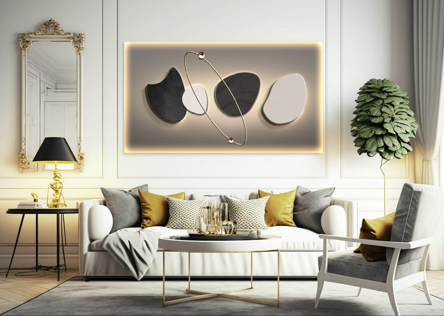 Abstraktes Wanddekor, großer schwebender Rahmen, Wandkunst mit Steinen, zeitgenössischer Leinwanddruck, moderne gerahmte Wandkunst fürs Wohnzimmer