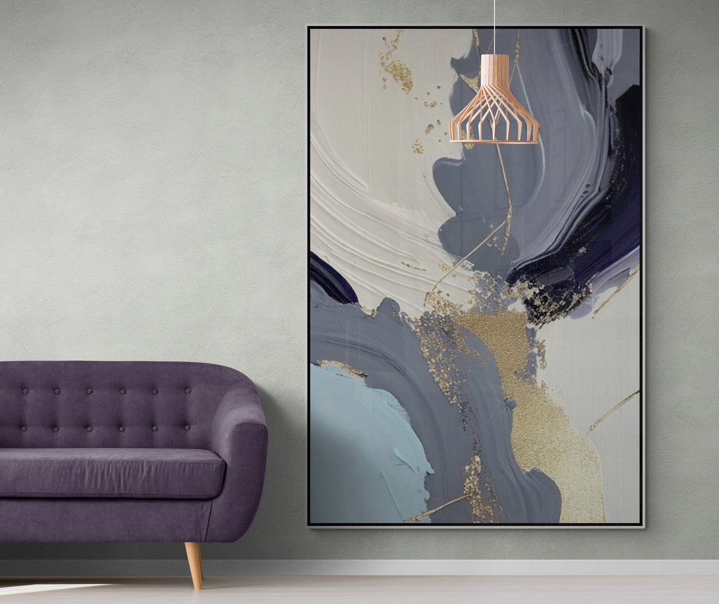 Große abstrakte Wandkunst, blauer Leinwanddruck mit schwebendem Rahmen, druckbares Wanddekor, Kunstwerk im Aluminiumrahmen, moderne Wandkunst für das Wohnzimmer