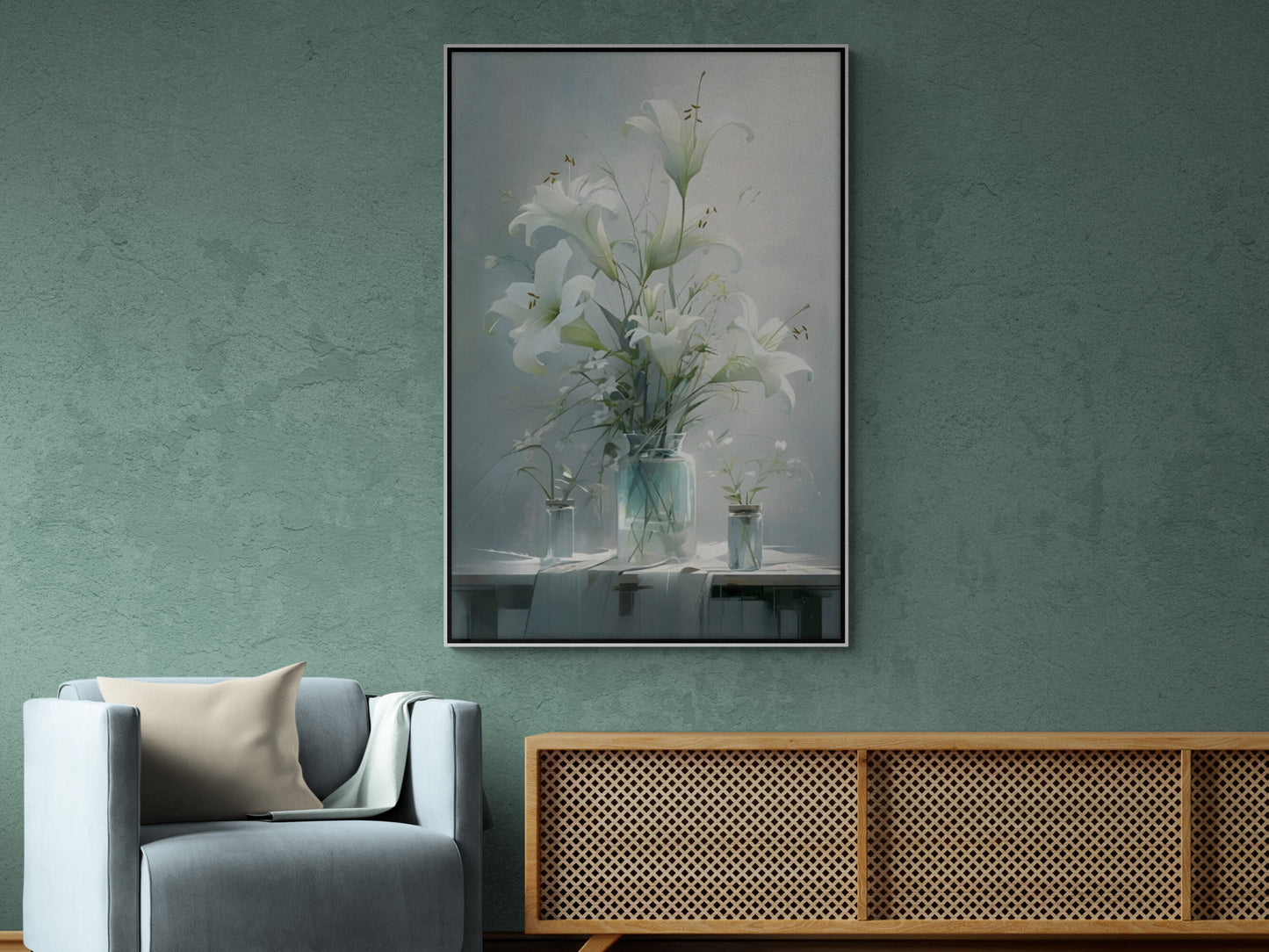 Blumenstrauß Wandkunst, Lilien Leinwanddruck im Floater-Rahmen, modernes druckbares weißes Blumenkunstwerk, ruhiges Wohnzimmer Wandkunst, großes Kunstwerk
