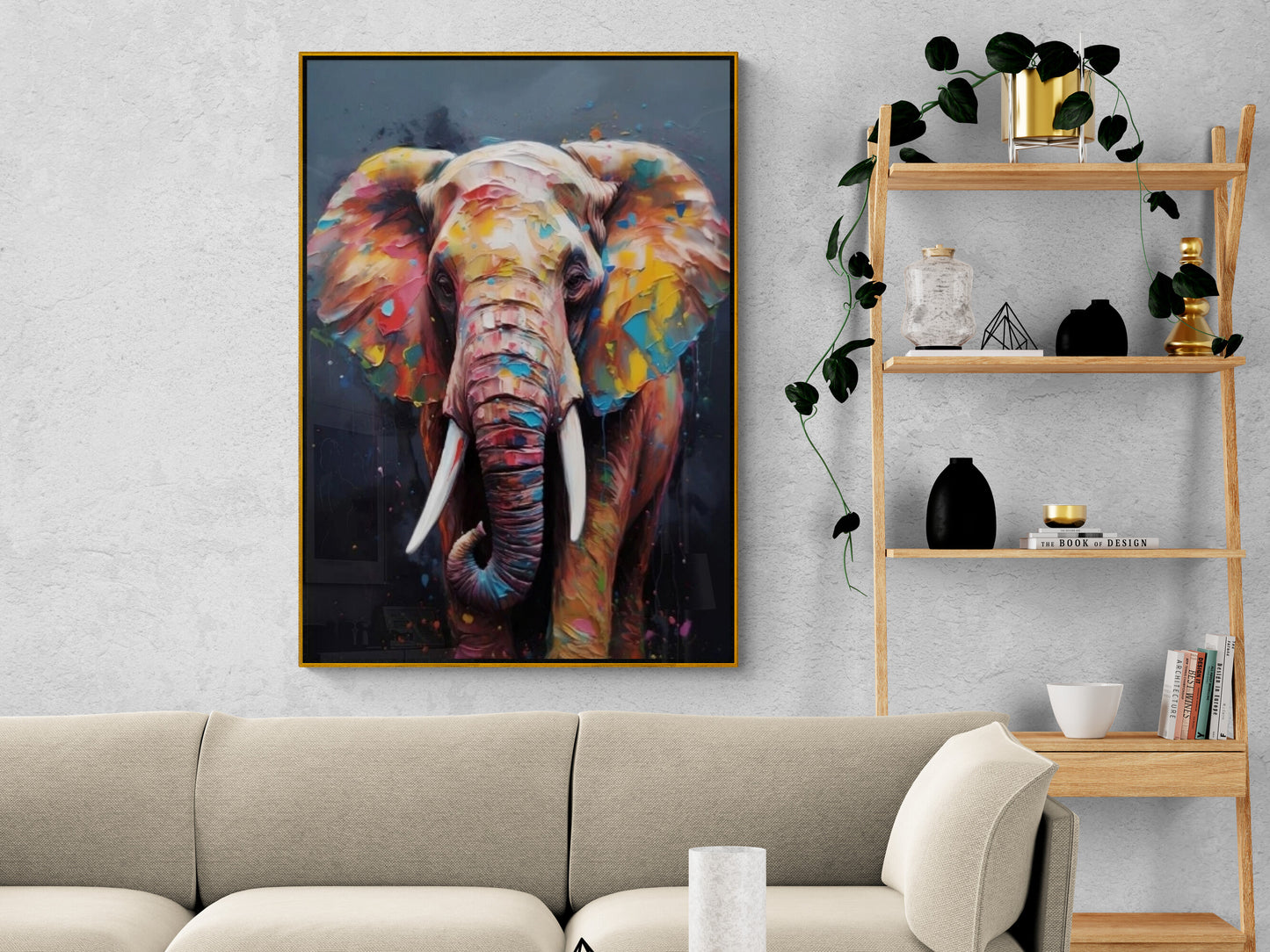 Farbenfrohe Elefanten-Wandkunst, großer Tier-Leinwanddruck, druckbares Kunstwerk mit Ölfarbeneffekt, moderne Wandkunst mit schwebendem Rahmen, Schlafzimmer-Kunstwerk
