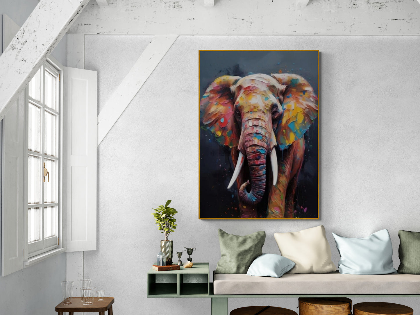 Farbenfrohe Elefanten-Wandkunst, großer Tier-Leinwanddruck, druckbares Kunstwerk mit Ölfarbeneffekt, moderne Wandkunst mit schwebendem Rahmen, Schlafzimmer-Kunstwerk