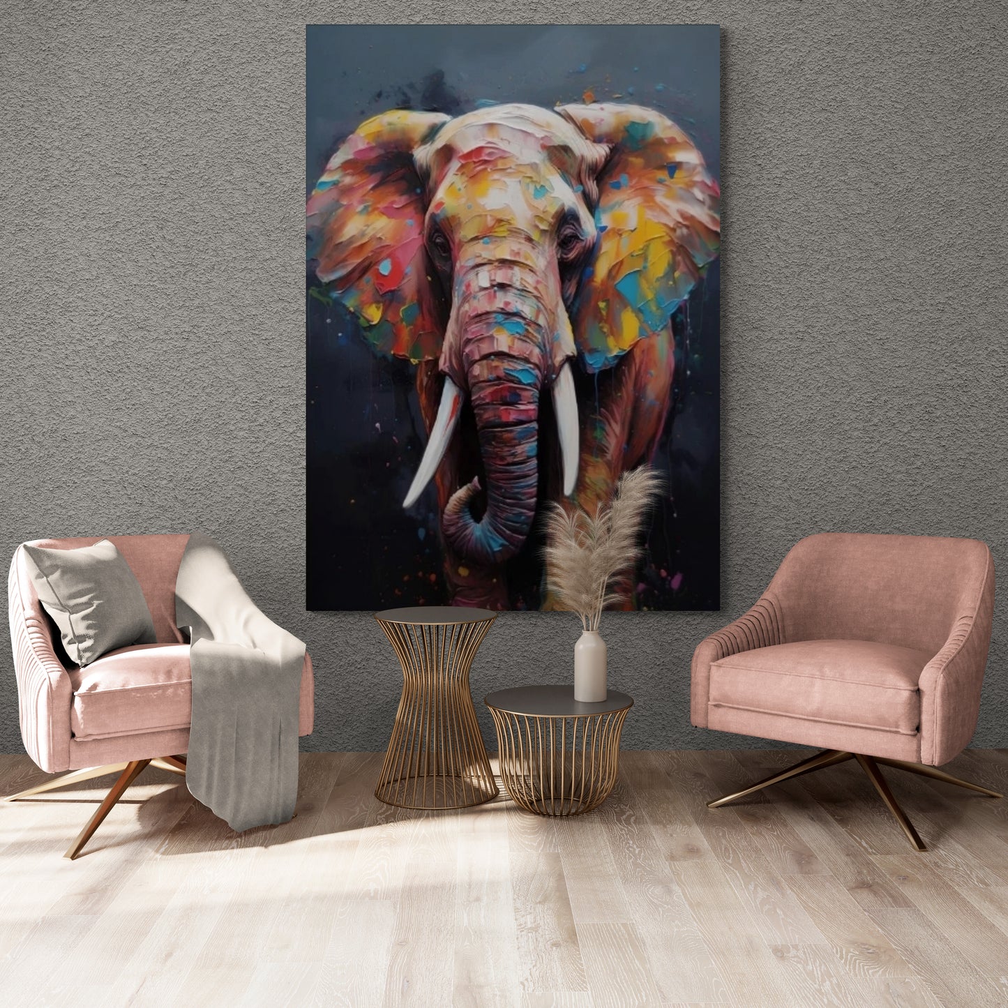 Farbenfrohe Elefanten-Wandkunst, großer Tier-Leinwanddruck, druckbares Kunstwerk mit Ölfarbeneffekt, moderne Wandkunst mit schwebendem Rahmen, Schlafzimmer-Kunstwerk