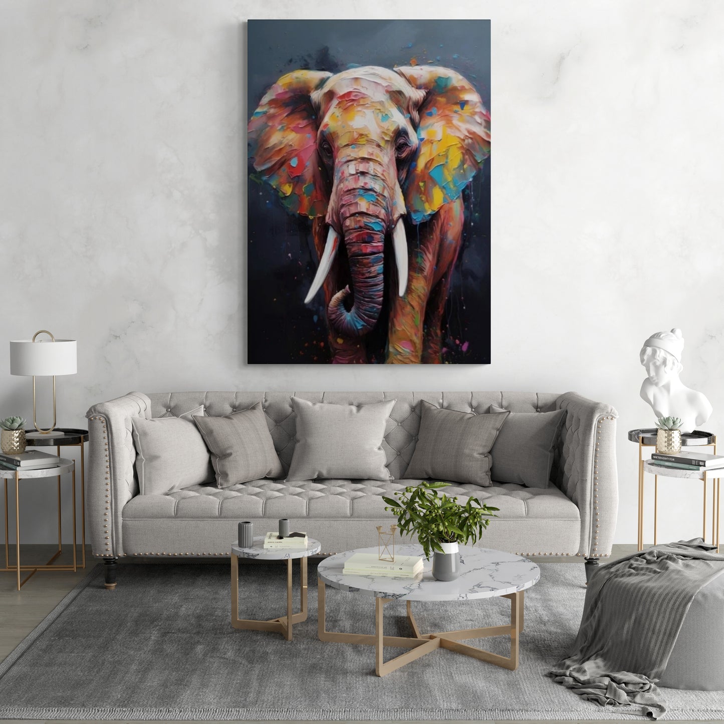 Farbenfrohe Elefanten-Wandkunst, großer Tier-Leinwanddruck, druckbares Kunstwerk mit Ölfarbeneffekt, moderne Wandkunst mit schwebendem Rahmen, Schlafzimmer-Kunstwerk
