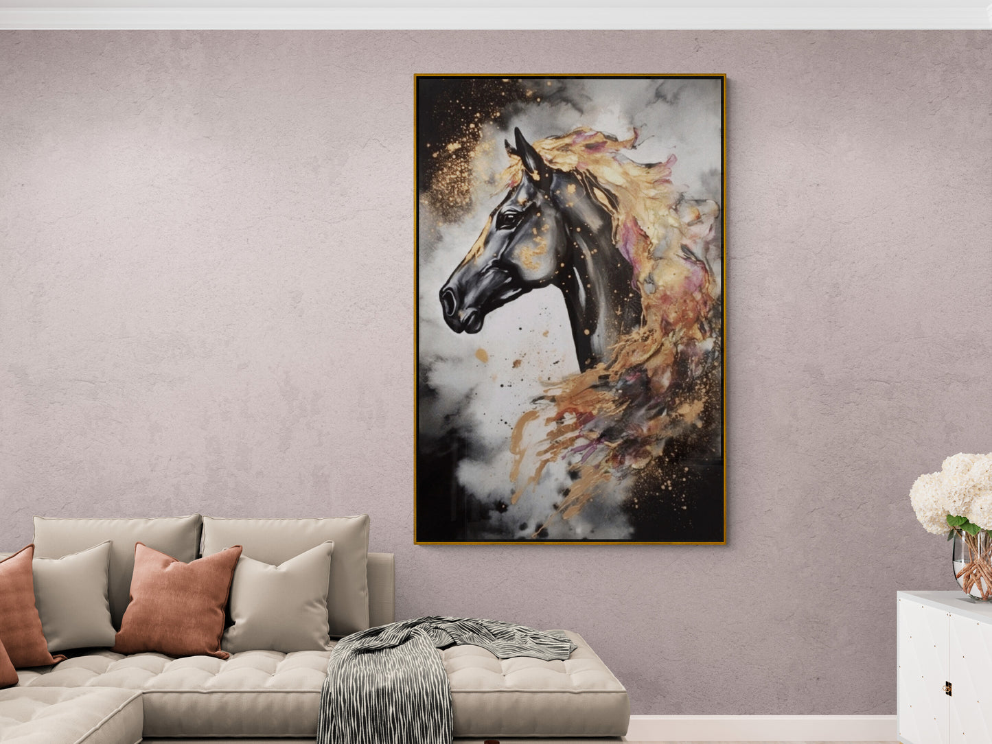 Schwarzes Pferd Wandkunst, großer Tier-Leinwanddruck, modernes gerahmtes Kunstwerk, stilvolle Wandkunst im Floater-Rahmen, Geschenk-Wandkunst, druckbares Kunstwerk