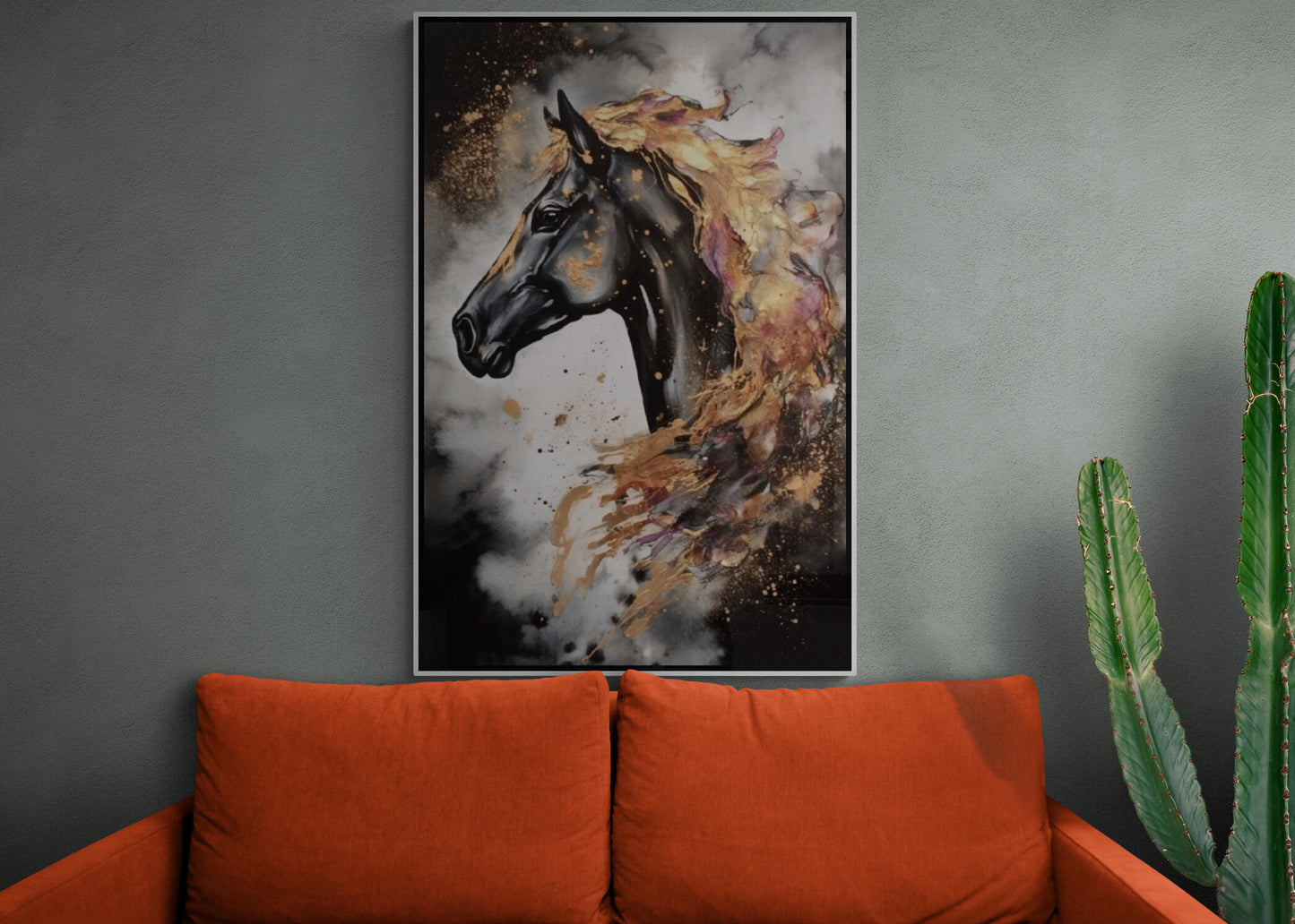 Schwarzes Pferd Wandkunst, großer Tier-Leinwanddruck, modernes gerahmtes Kunstwerk, stilvolle Wandkunst im Floater-Rahmen, Geschenk-Wandkunst, druckbares Kunstwerk
