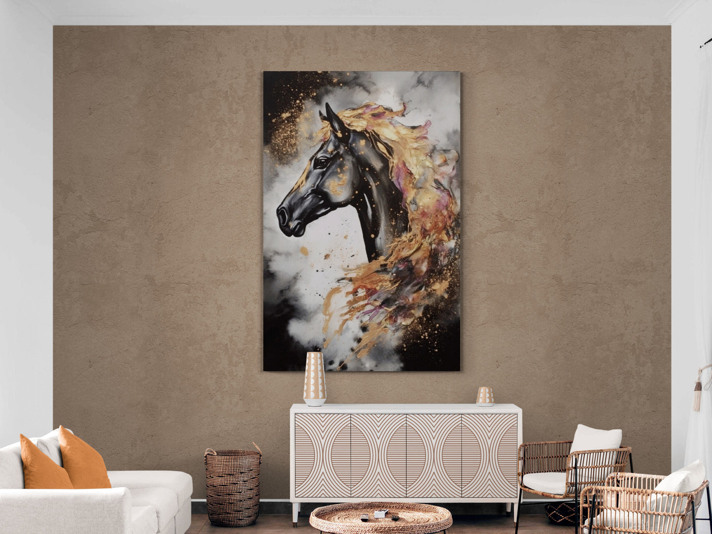 Schwarzes Pferd Wandkunst, großer Tier-Leinwanddruck, modernes gerahmtes Kunstwerk, stilvolle Wandkunst im Floater-Rahmen, Geschenk-Wandkunst, druckbares Kunstwerk