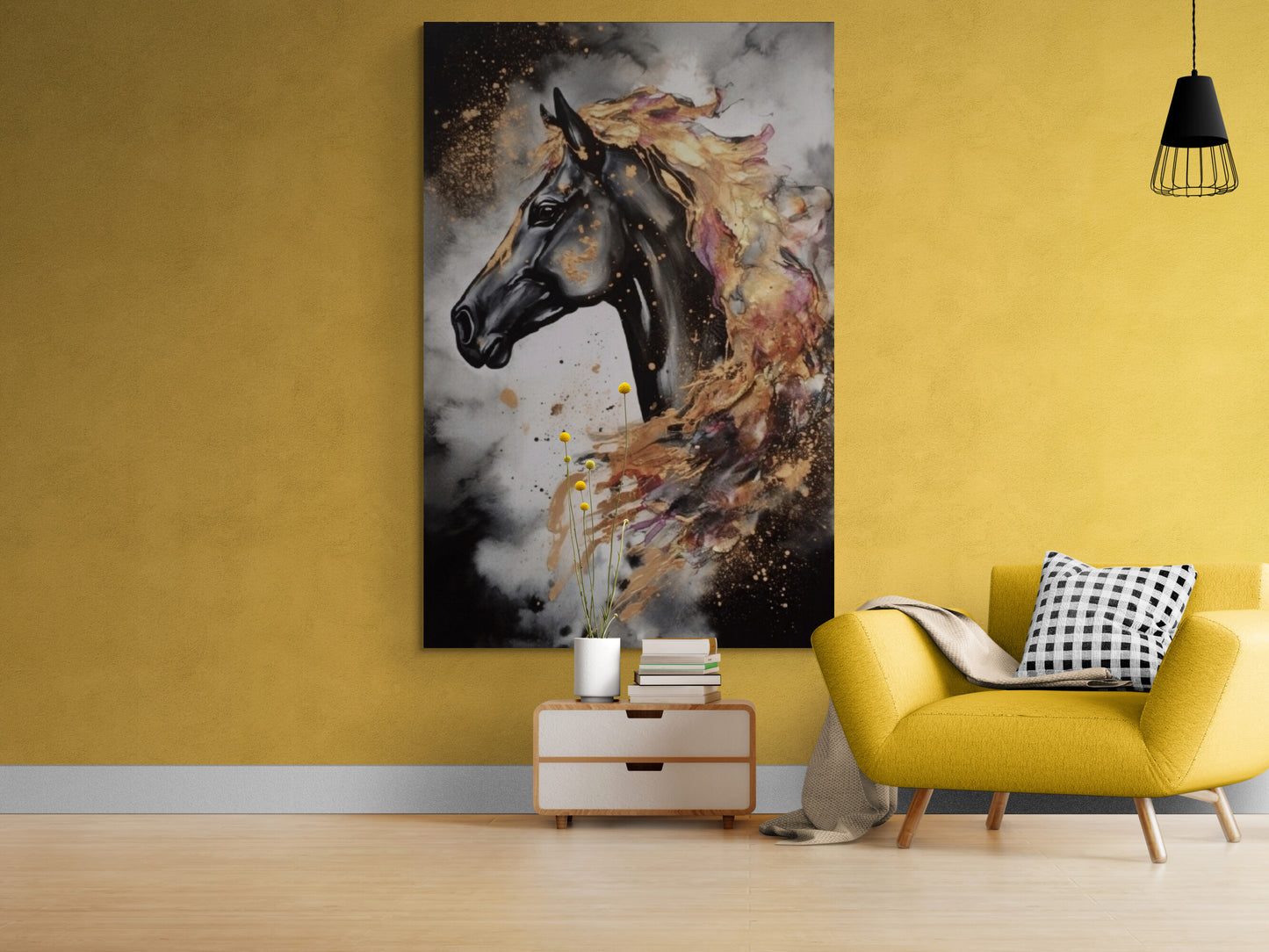 Schwarzes Pferd Wandkunst, großer Tier-Leinwanddruck, modernes gerahmtes Kunstwerk, stilvolle Wandkunst im Floater-Rahmen, Geschenk-Wandkunst, druckbares Kunstwerk