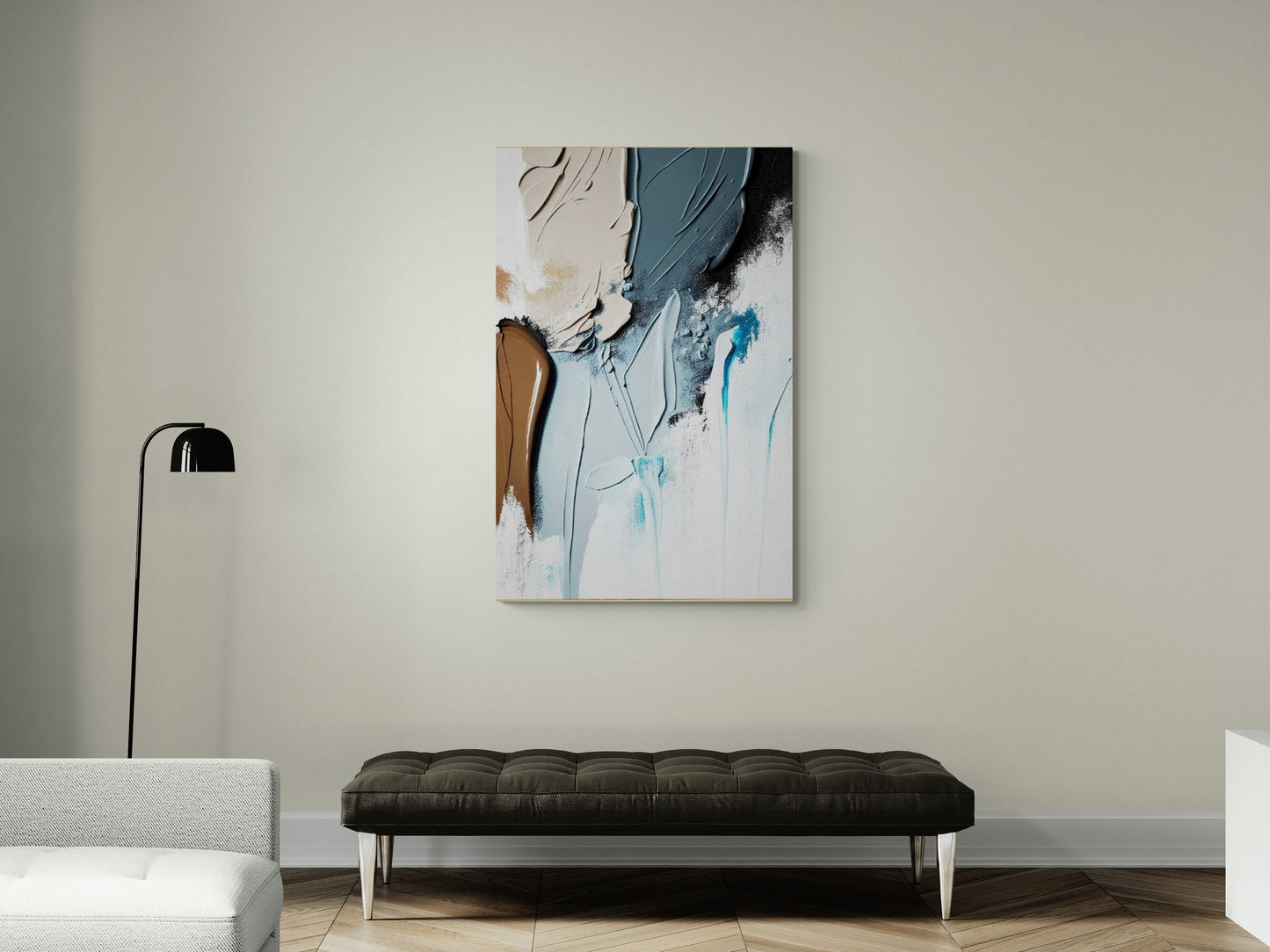 Abstrakte Wandkunst, modernes Leinwandbild, gerahmter Kunstdruck über dem Bett, Wandkunst mit Ölgemälde-Effekt, druckbare blaue Wandkunst fürs Wohnzimmer