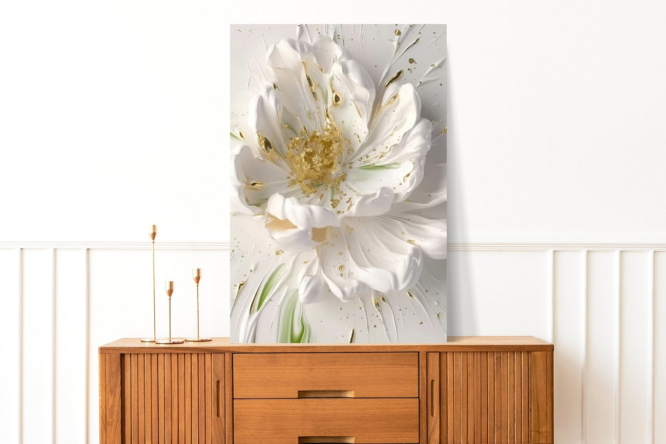 Florale 3D-Wandkunst, großes Kunstwerk in Weiß und Gold, druckbare Wandkunst im Floater-Rahmen, volumetrischer Leinwanddruck mit weißen Blumen, Wandkunst fürs Wohnzimmer