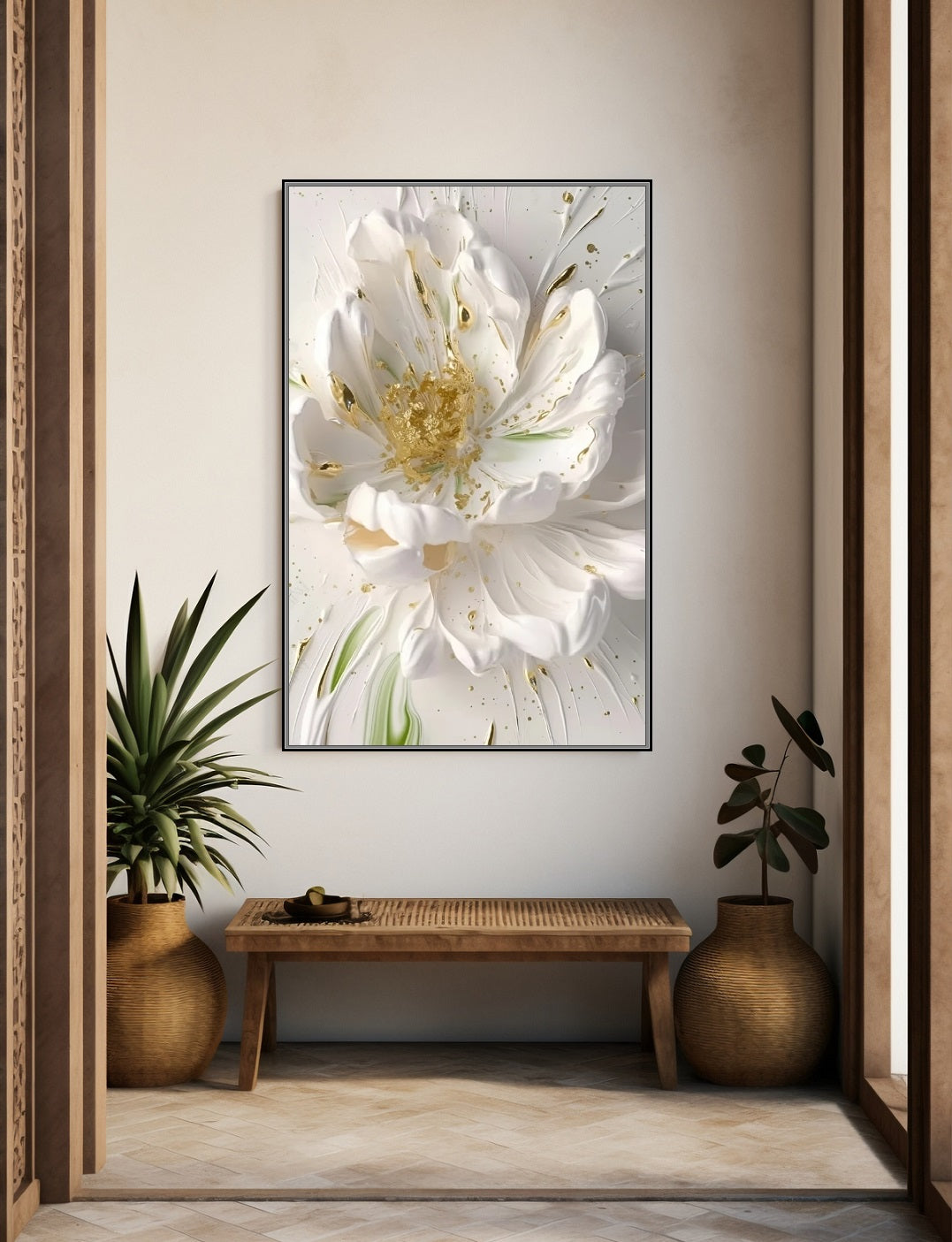 Florale 3D-Wandkunst, großes Kunstwerk in Weiß und Gold, druckbare Wandkunst im Floater-Rahmen, volumetrischer Leinwanddruck mit weißen Blumen, Wandkunst fürs Wohnzimmer