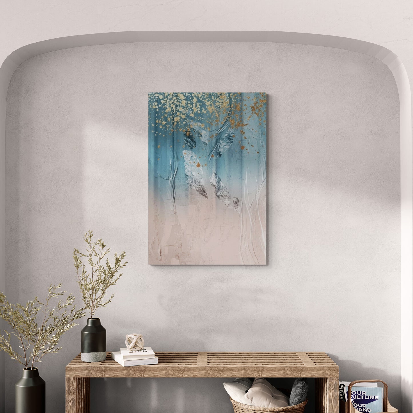 Abstrakte Wandkunst in Blau und Rosa, moderner gerahmter Leinwanddruck, druckbares Kunstwerk fürs Büro, Geschenk zur Wohnungserwärmung