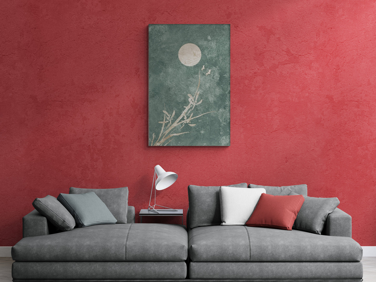 Chinoiserie Wandkunst, gerahmtes Kunstwerk mit Mondbild, großer vertikaler Japandi-Leinwanddruck, orientalische Wandkunst in Grün- und Weißtönen, Wandkunst fürs Wohnzimmer, Geschenk für ihn
