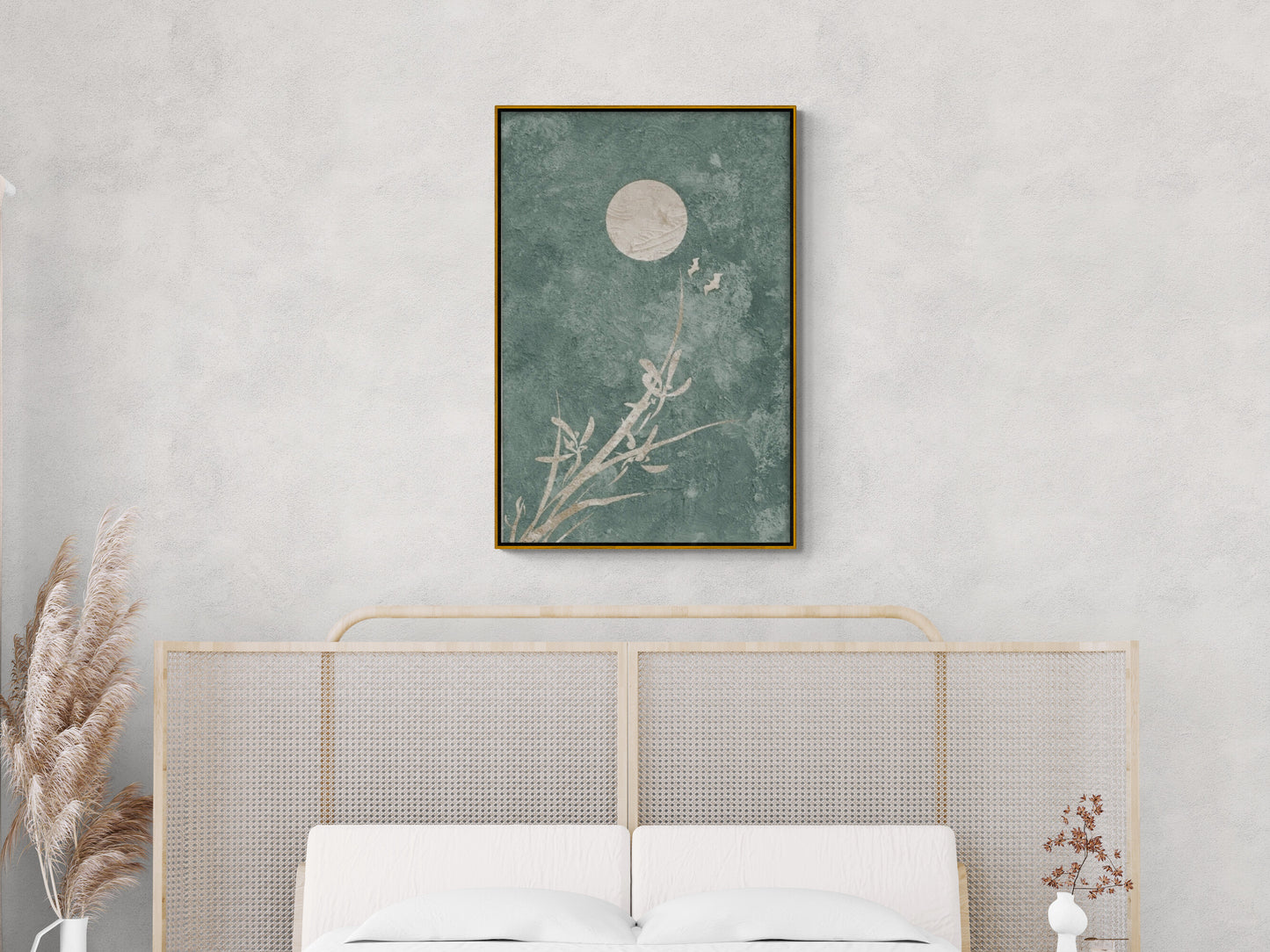 Chinoiserie Wandkunst, gerahmtes Kunstwerk mit Mondbild, großer vertikaler Japandi-Leinwanddruck, orientalische Wandkunst in Grün- und Weißtönen, Wandkunst fürs Wohnzimmer, Geschenk für ihn