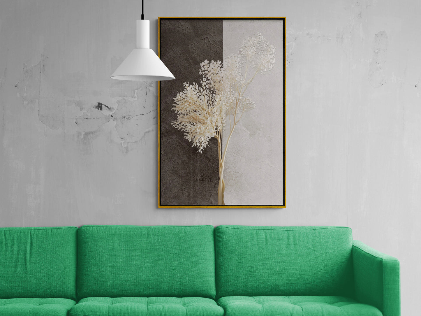 Abstrakte weiße und braune Wandkunst, Kunstwerk mit getrockneten Pflanzen, vertikal gerahmter Leinwanddruck, Wohnzimmer-Wandkunst, Geschenk zur Wohnungserwärmung