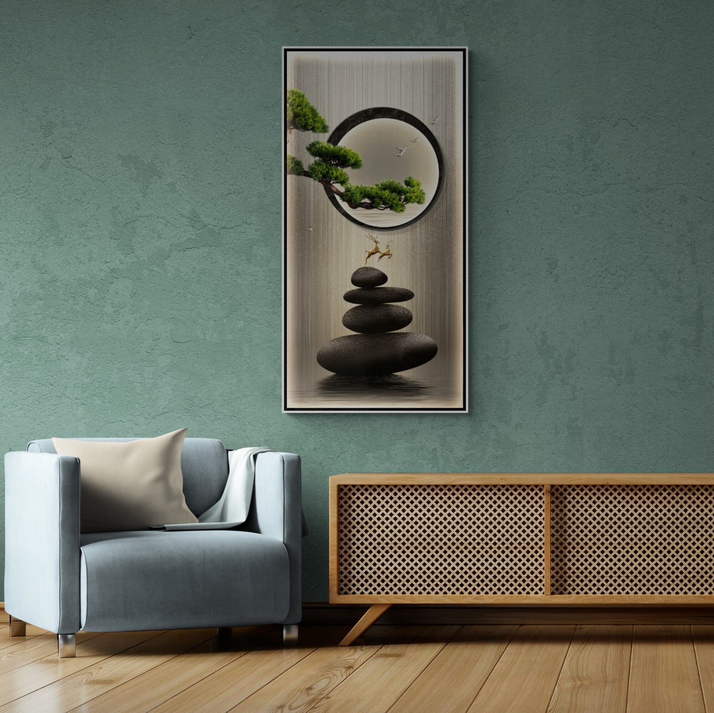 Chinoiserie Kunstdruck, große gerahmte Japandi Wandkunst, asiatisches Motiv Leinwanddruck, vertikale Wandkunst für Wohnzimmer, orientalische Wandkunst, Geschenk für die Patentante