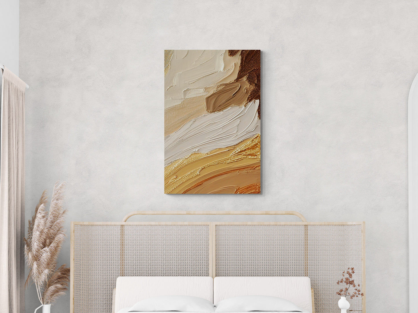 Abstraktes Ölgemälde-Effekt-Wandbild, gerahmter 3D-Effekt-Leinwanddruck, Kunstwerk in beige-orange und braunen Farben, Goldrahmen-Wandbild, Geschenk für ihn
