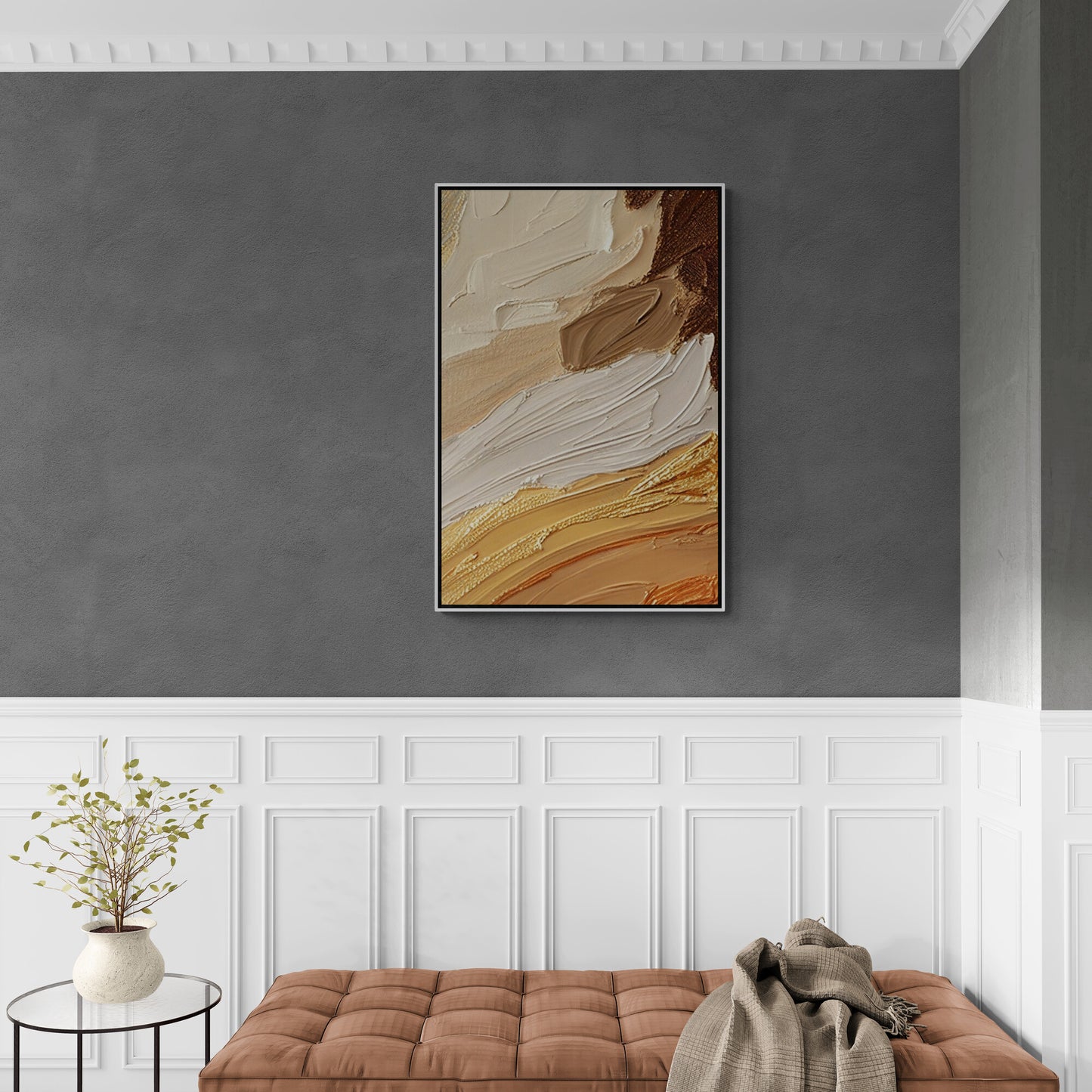 Abstraktes Ölgemälde-Effekt-Wandbild, gerahmter 3D-Effekt-Leinwanddruck, Kunstwerk in beige-orange und braunen Farben, Goldrahmen-Wandbild, Geschenk für ihn