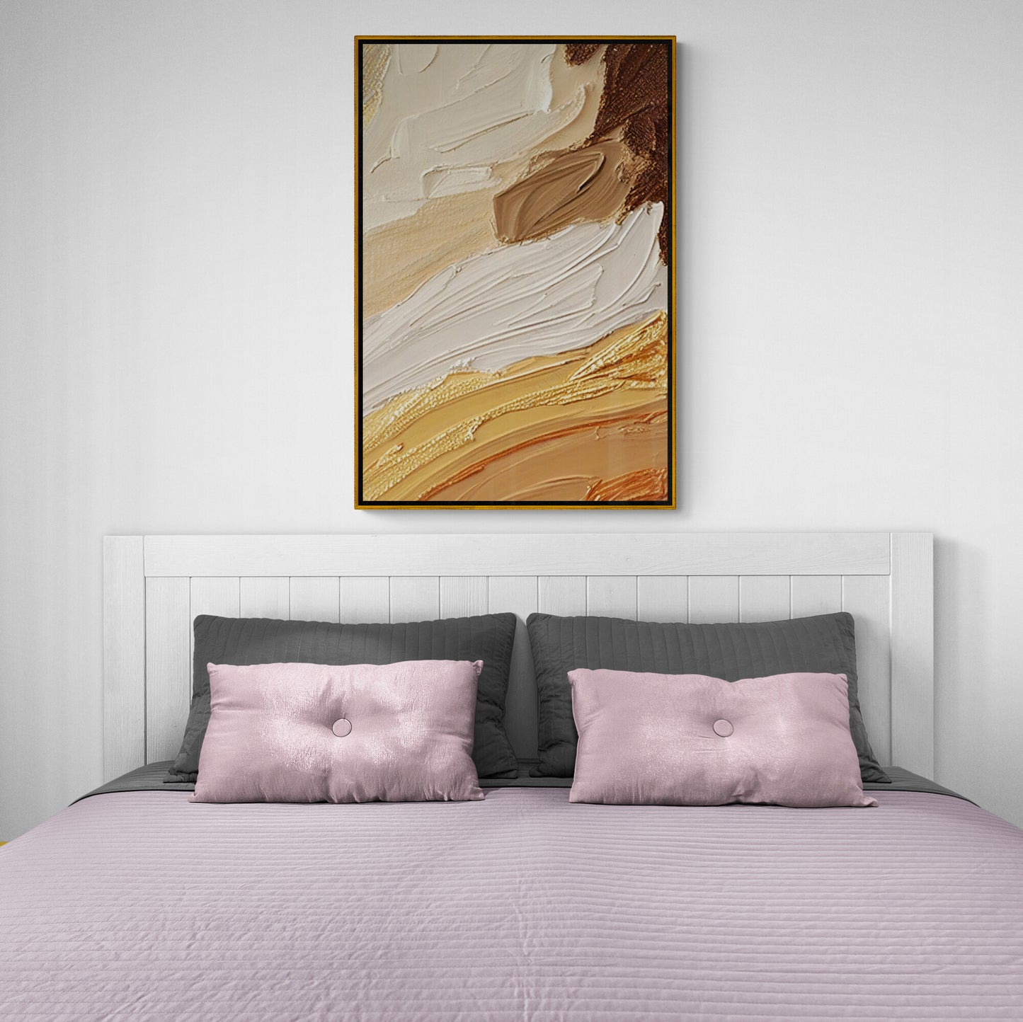 Abstraktes Ölgemälde-Effekt-Wandbild, gerahmter 3D-Effekt-Leinwanddruck, Kunstwerk in beige-orange und braunen Farben, Goldrahmen-Wandbild, Geschenk für ihn