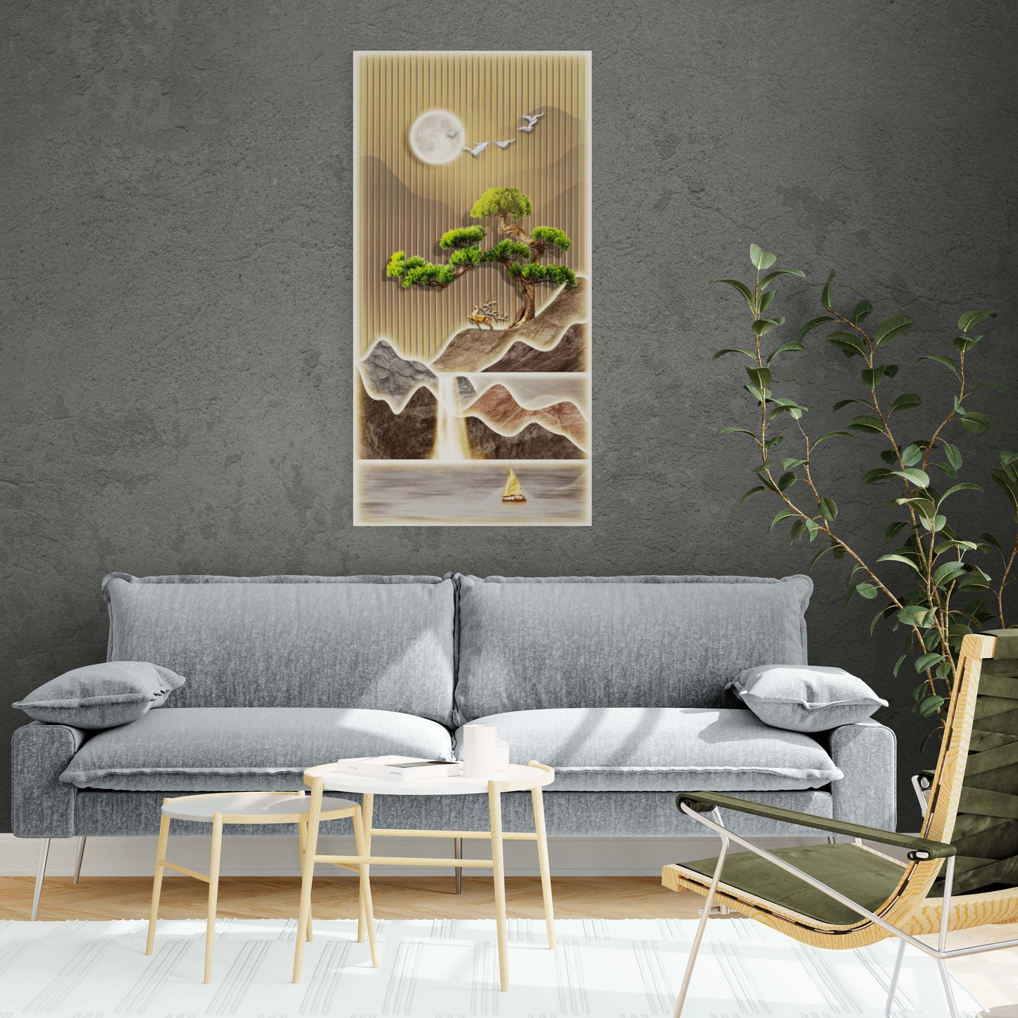 Japandi Wandkunst, Chinoiserie Leinwanddruck, großer Naturkunstdruck, gerahmte botanische Wandkunst, gerahmte Berge Wandkunst, vertikaler Wohnzimmer Kunstdruck