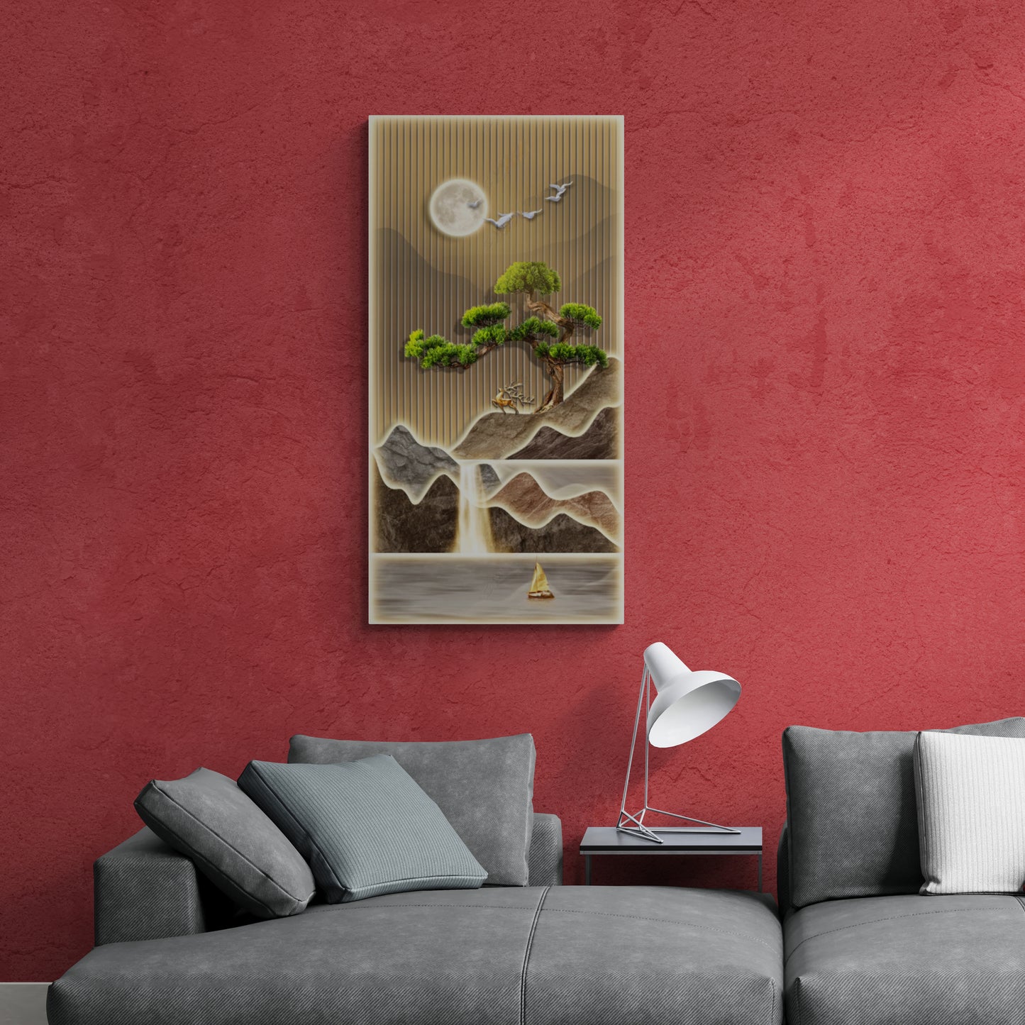 Japandi Wandkunst, Chinoiserie Leinwanddruck, großer Naturkunstdruck, gerahmte botanische Wandkunst, gerahmte Berge Wandkunst, vertikaler Wohnzimmer Kunstdruck