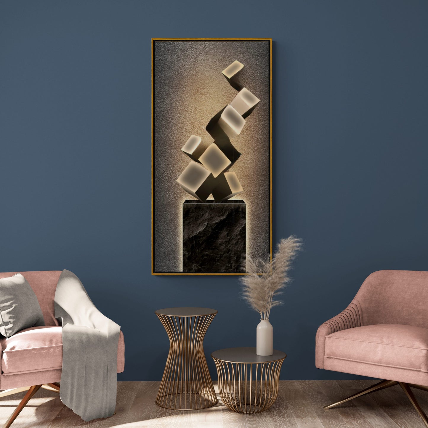 Abstrakte Wandkunst, geometrischer Kunstdruck, moderner gerahmter Leinwanddruck, 3D-Wandkunst mit Würfeln, Wohnzimmer-Leinwanddruck, Geschenk für ihn