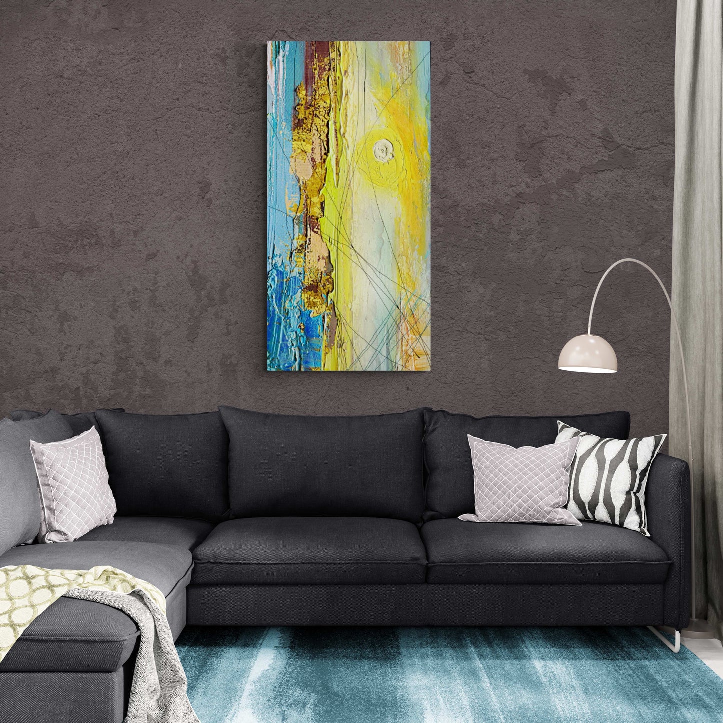 Farbenfrohe Wandkunst, abstrakter Kunstdruck, Leinwanddruck im Marmorrahmen, blaue und gelbe Wandkunst, modernes Kunstwerk über dem Bett, Bild zum Verschenken