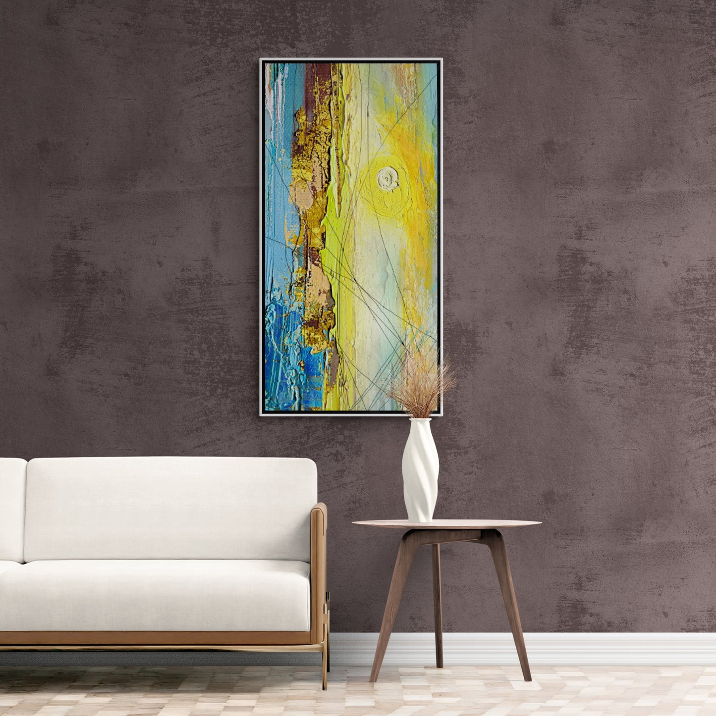 Farbenfrohe Wandkunst, abstrakter Kunstdruck, Leinwanddruck im Marmorrahmen, blaue und gelbe Wandkunst, modernes Kunstwerk über dem Bett, Bild zum Verschenken