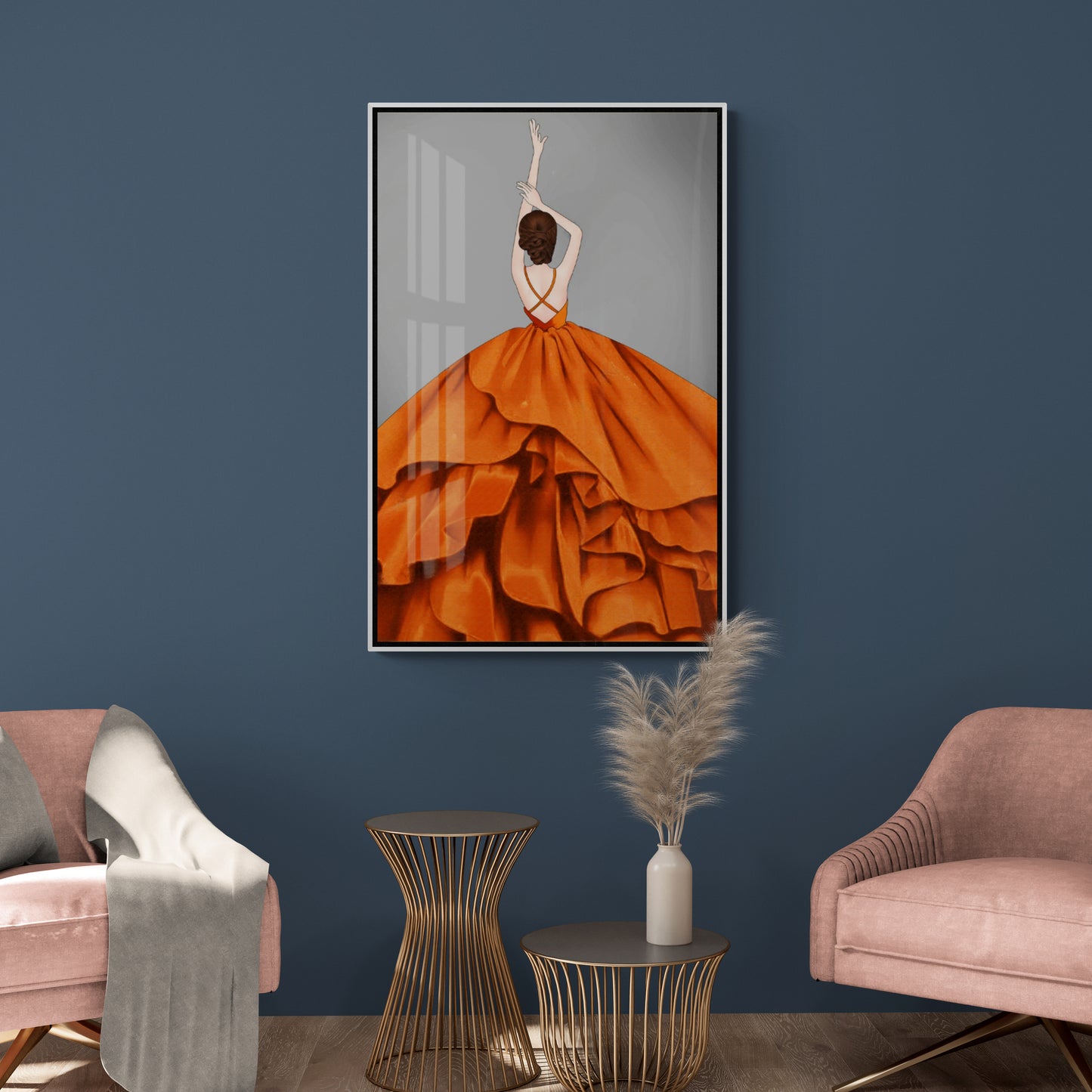 Mode-Wandkunst, Kunstdruck einer tanzenden Frau, stylischer Leinwanddruck, gerahmte Wandkunst, orange und graues Kunstwerk, Geschenk für sie, Schlafzimmer-Wandkunst