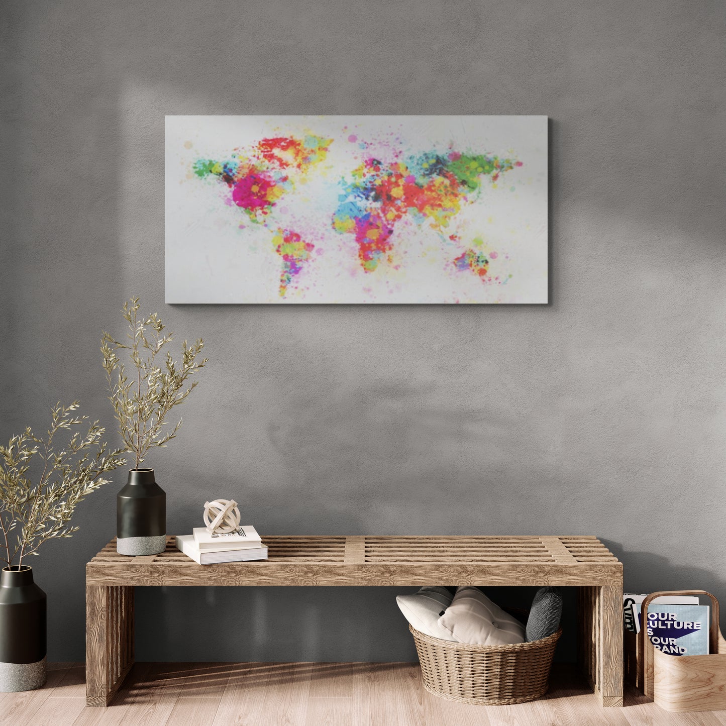 Leinwanddruck mit Weltkarte, abstrakte Wandkunst, farbenfrohes Kunstwerk, gerahmte Wandkunst, horizontale Wandkunst über dem Bett, Leinwanddruck fürs Büro