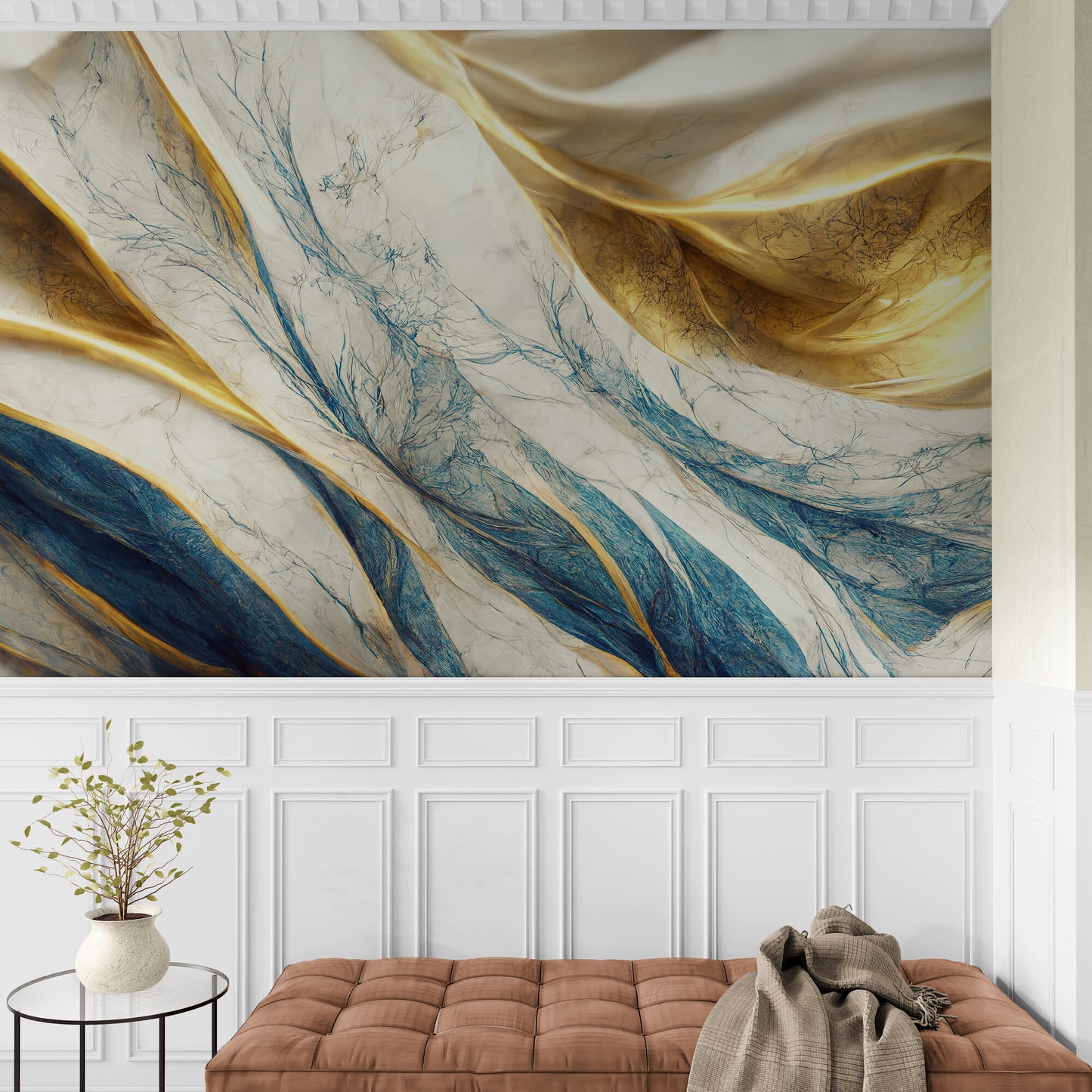 Extra große abstrakte Tapete für Wohnzimmer, Schlafzimmer, Büro, blaues, goldenes und weißes Wandbild, Tapete mit 3D-Effekt