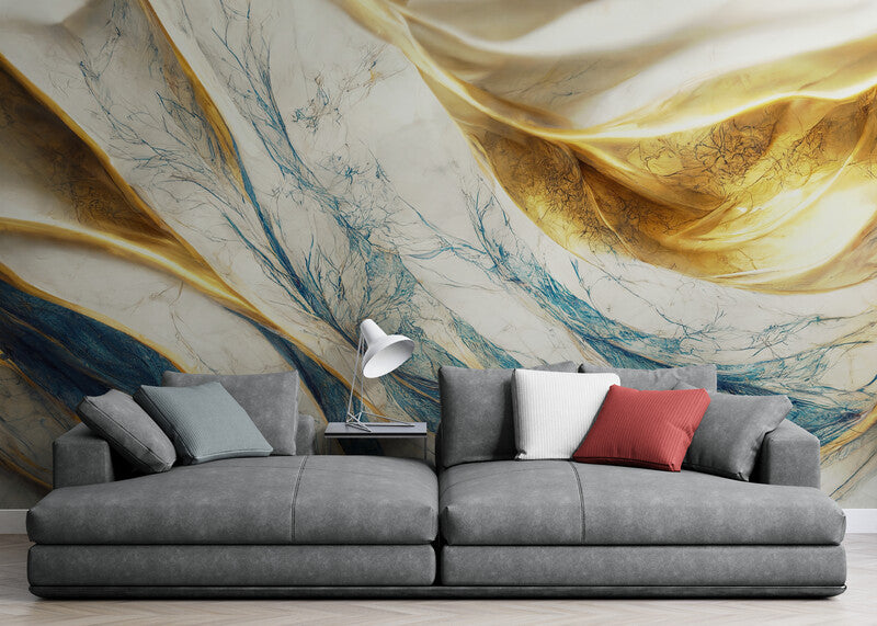 Extra große abstrakte Tapete für Wohnzimmer, Schlafzimmer, Büro, blaues, goldenes und weißes Wandbild, Tapete mit 3D-Effekt