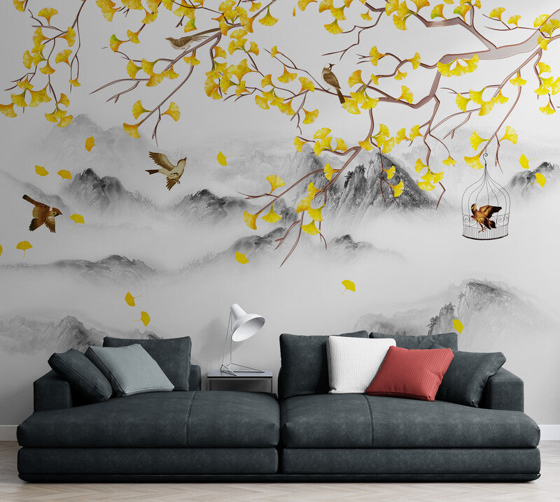 Extra große botanische Tapete, abziehbares und aufklebbares Wandbild mit orientalischen Motiven, Akzenttapete mit Bäumen und Vögeln