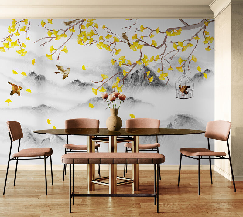 Extra große botanische Tapete, abziehbares und aufklebbares Wandbild mit orientalischen Motiven, Akzenttapete mit Bäumen und Vögeln