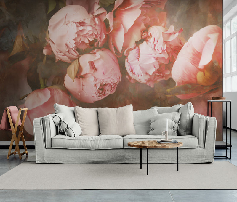 Pfingstrosen-Tapete, extra große Blumentapete, abziehbare und aufklebbare Tapete mit rosa Pfingstrosen, selbstklebende botanische Tapete, Schlafzimmer-Wandbild, abnehmbare Akzenttapete
