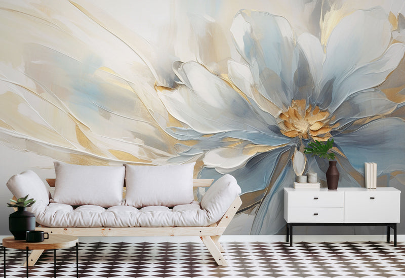 Extra large floral wallpaper, flowers wall mural peel and stick, blue gold wallpaper mural self adhesive, botanical removable wall mural, bedroom wallpaper (Copy)
